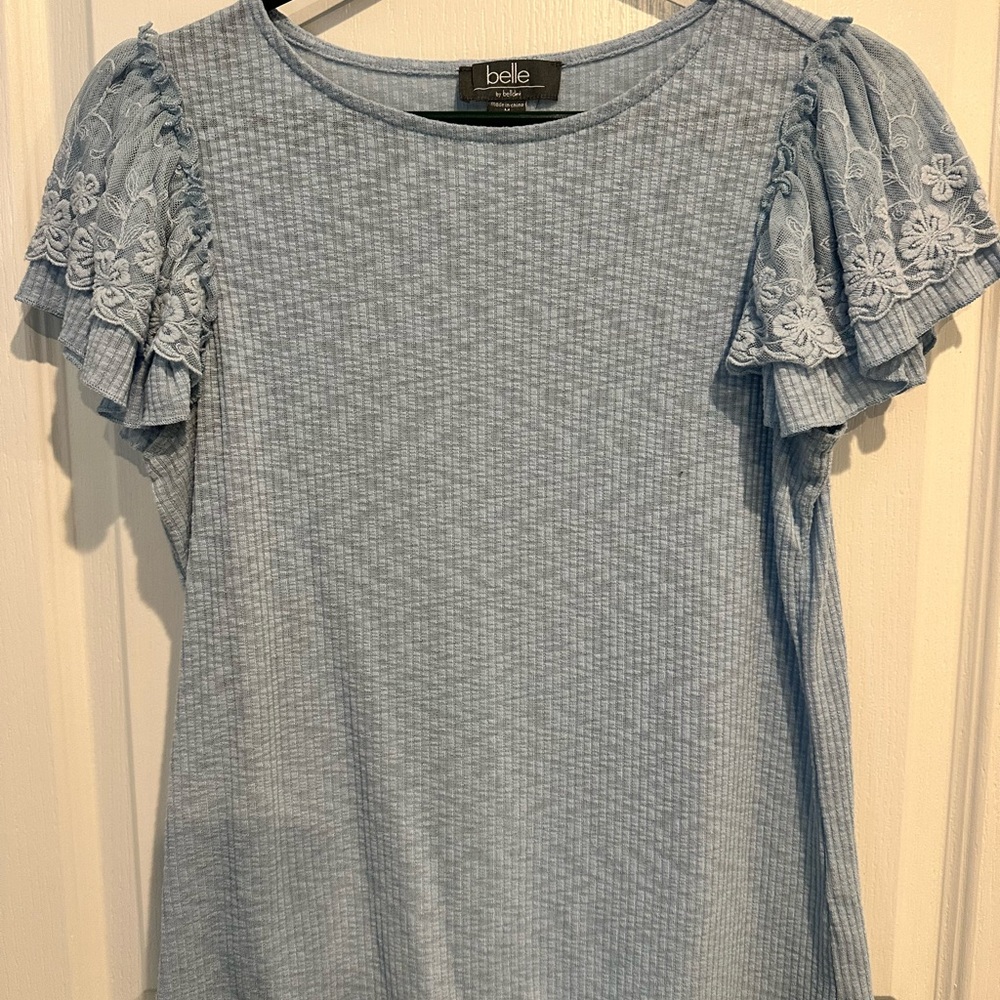 Belle by Kim Gravel Blue Ruffled Blouse with Double-Layered Sleeves